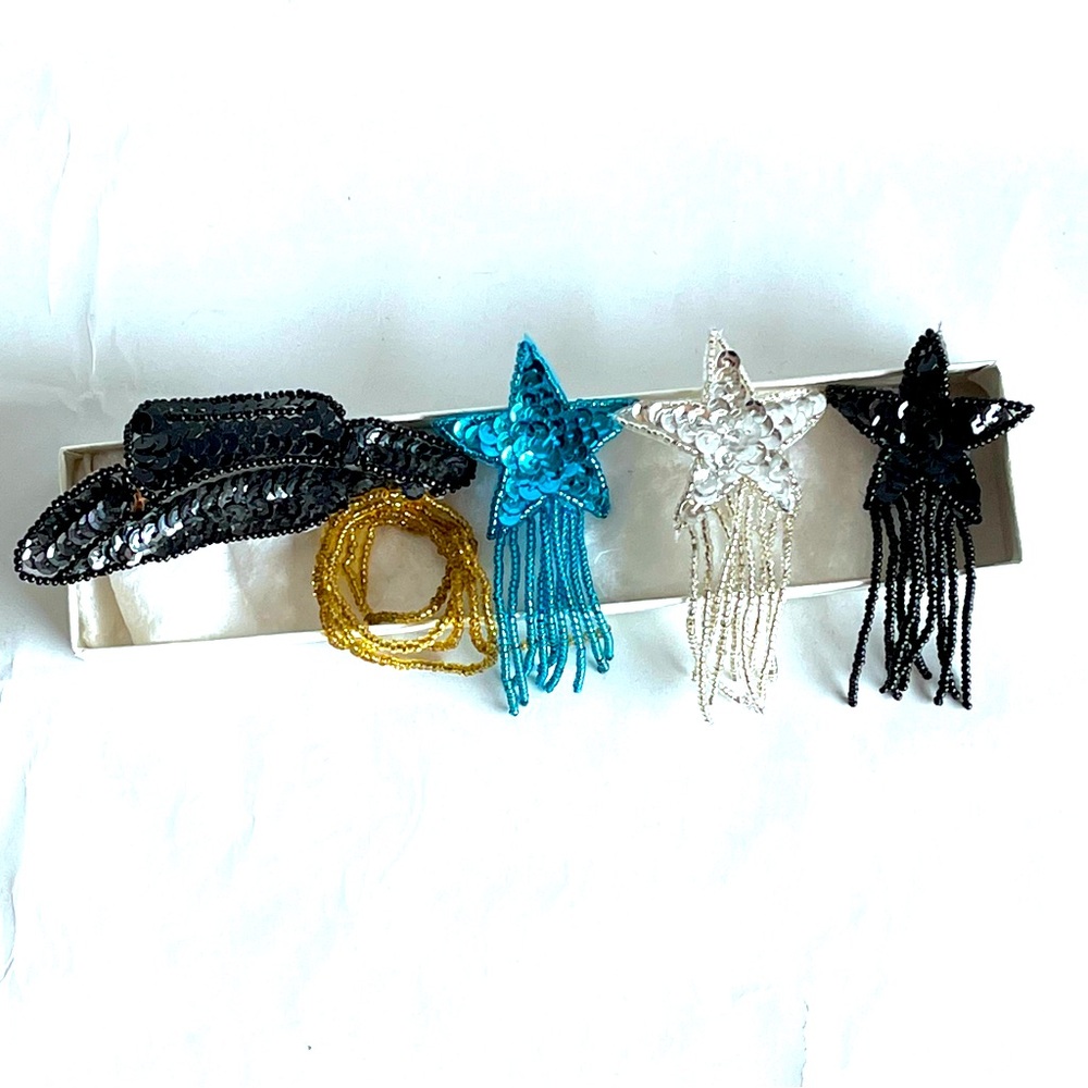 Lot of 4 Sequin Sparkly Pins 3 Stars Blue Silver Black 1 Cowboy Hat with Lariat